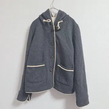 캐주얼 자켓 후드 부착 버튼 그레이 더플 코트 포켓