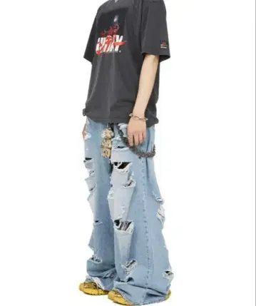 SUNDAY OFF CLUB 데미지 데님 와이드 팬츠