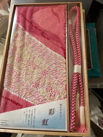 핑크 계열 물결 무늬 오비 장식 천 오비 끈