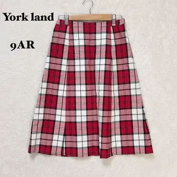 요크랜드 체크 무늬 플레어 스커트 9AR 빨간색 종아리 기장 일본제 고급