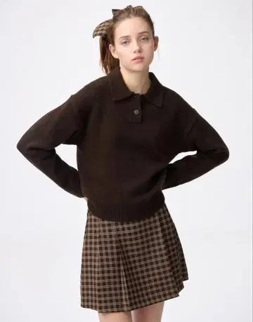 GU 퍼프 니트 피케 셔츠 다크 브라운 L 사이즈