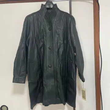 블랙 그린 가죽 코트 버튼 포함 롱 기장