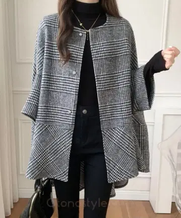 체크 무늬 케이프 코트 그레이 블랙 M 사이즈