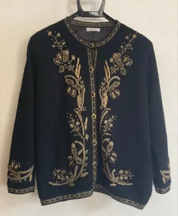 비즈 자수 노카라 자켓 블랙