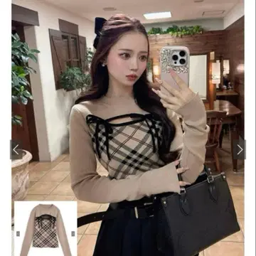 GRL 체크 무늬 프론트 오픈 리본 니트탑 ru1374 M
