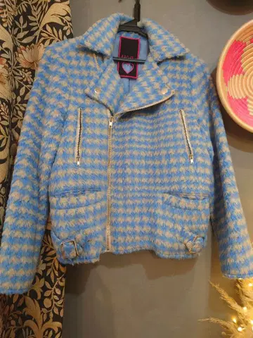 릴릴리 스카이블루 체크 무늬 퍼 라이더스&스커트 세트