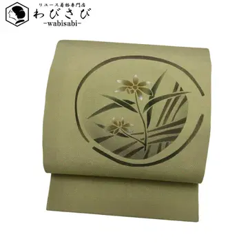 나고야 오비 원형 꽃무늬 금가루 뿌린 크레이프 원단 리큐색 O-3327