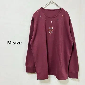 긴팔 티셔츠 M 버건디 마름모 자수 크루넥 일본제