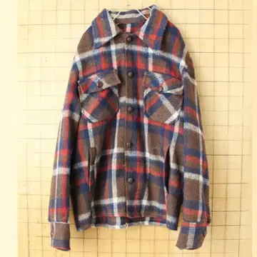 70s 80s USA 체크 울 자켓 M 브라운 레드 aw28