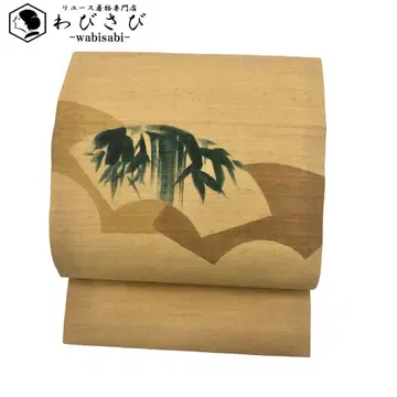 나고야 오비 지카미에 사사타케 무늬 손그림  노랑 당지 색 O-3619