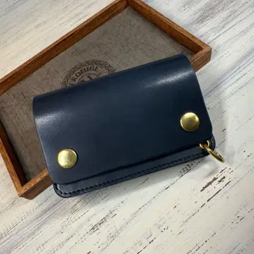[ 트래커 지갑 숏 3층 ] 네이비 골드 도치기 가죽 놋쇠