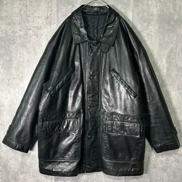 고급 소가죽 레더 카 코트 블랙 광택 천연 가죽 빈티지 일본제