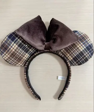 미니 체크 무늬 머리띠 (브라운 리본)