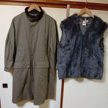 테치치 3way 카키 롱 코트 코듀로이 옷깃