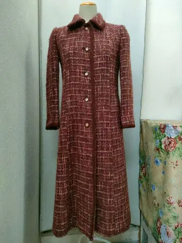 샤 드 앙 도르 생크 레드 트위드 롱 코트 레트로 구제 의류