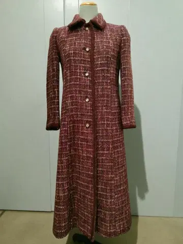 샤 드 앙 도르 생크 레드 트위드 롱 코트 레트로 구제 의류