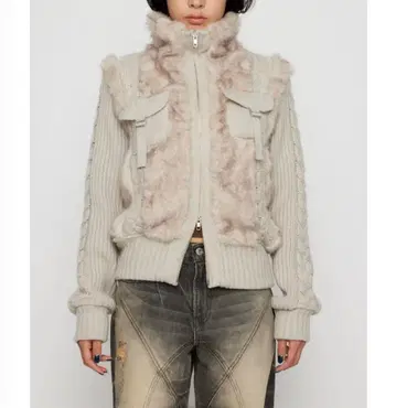 케이블 니트 폭스 퍼 블루종