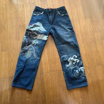 파도와 잉어 자수 데님 팬츠