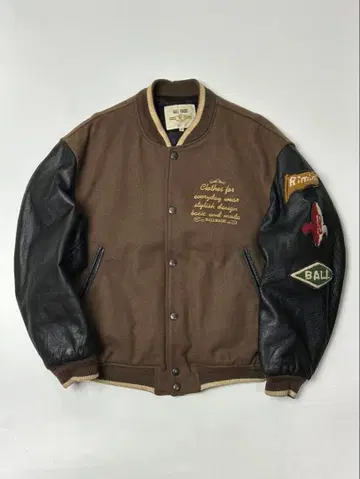 BALL BASIC 바시티 자켓 브라운/블랙 가죽 소가죽 48 사이즈