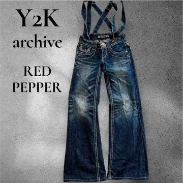 Y2K archive 서스펜더 데님 날개 자수 가죽 플레어 데님
