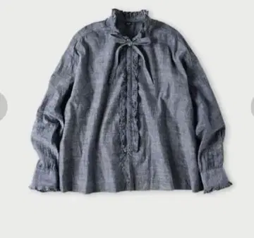 45R45rpm 남색 바지 인도 카디 소재의 턱 프릴 보타이 블라우스