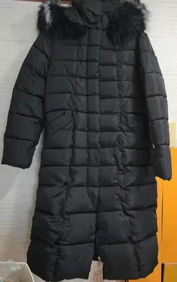 미사용 블랙 롱 코트 후드 부착