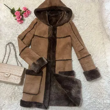 리얼 무스탕 코트 브라운 S 한국 후드 부착 소매 퍼 양가죽