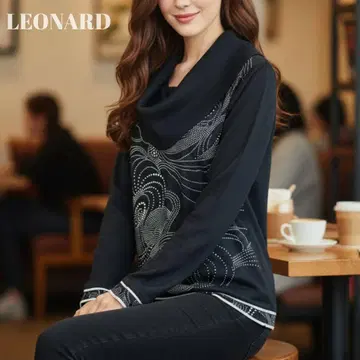 [컨디션 최상] 레오나르 긴팔 니트 실크 혼방 숄카라 큐빅 블랙 L