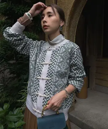 Ameri 헤링본 자카드 니트 가디건