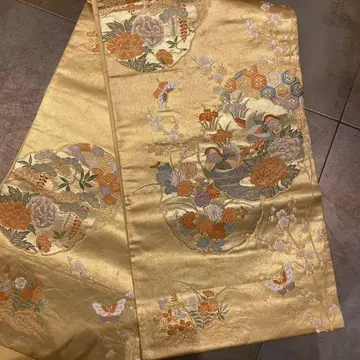 [ 5817 ] 꽃, 나비 패턴 후쿠로 오비 골드 자수 도쿄사가비