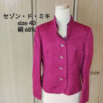 세존 드 미키 스탠드 카라 자켓 실크 68% 버건디 꽃무늬 40