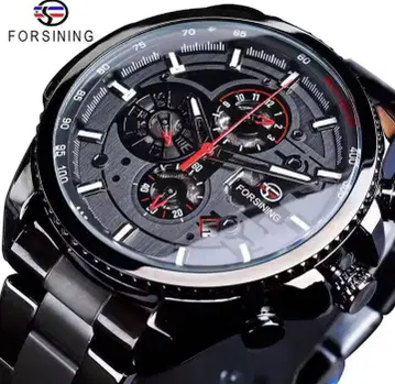 FORSINING 블랙 스켈레톤 다이얼 자동 태엽 시계