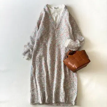 쉽스애니 컬러네프얀 니트 원피스 V넥 긴팔 롱