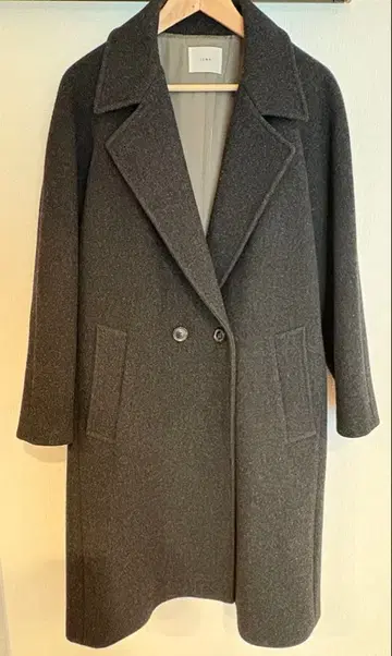 IENA 울 더블 브레스트 차콜 그레이 체스터 스탠드 칼라