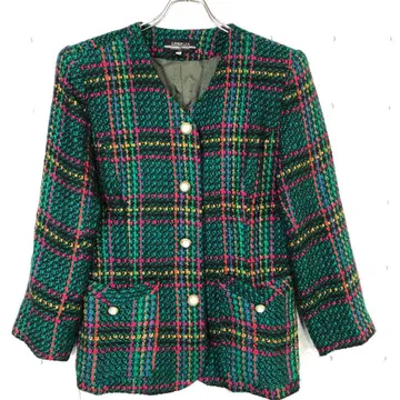 도쿄 TOKYO 구제 의류 펄 버튼 체크 무늬 노카라 트위드 자켓