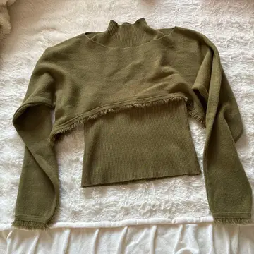 2세트 숄 가디건 올리브색 프린지 하이넥 스웨터