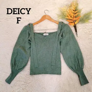 데이시 백리본 하트넥 니트(F) 볼륨 슬리브 그린 울 혼방