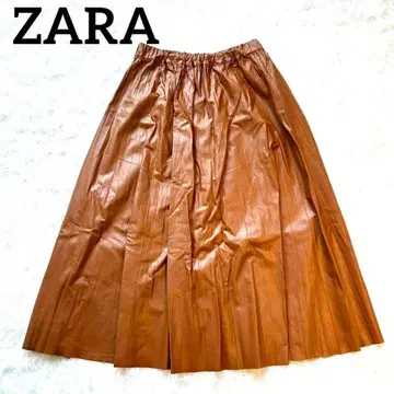 [ 자라 ] 인조 가죽 플레어 스커트 브라운 멋스러운 허리밴딩 브라운