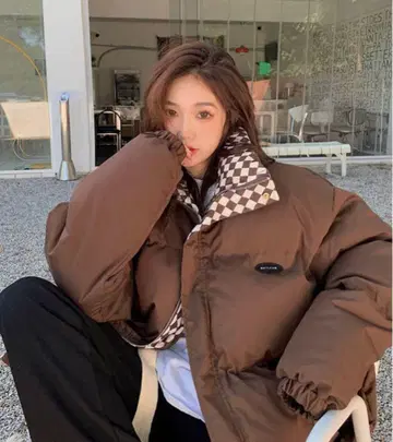EPICKS 체커 패딩 자켓 브라운 다운 자켓 여성용