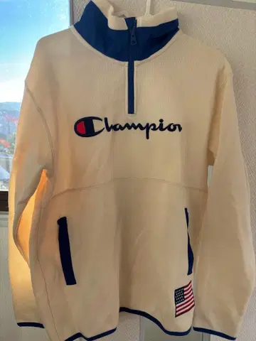 Champion 하프 지퍼 후드티 크림색