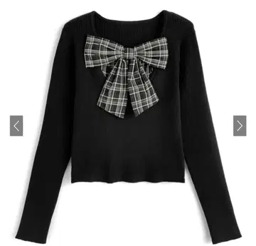 체크 무늬 리본 도킹 리브 니트탑[gn548]