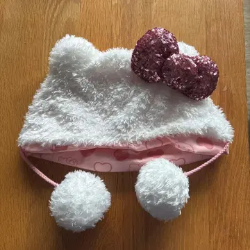 헬로키티 퍼 모자 핑크 리본 포함