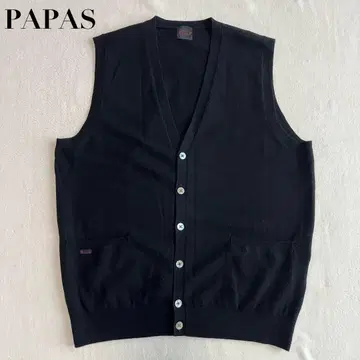 PAPAS 파파스 울 니트 민소매 가디건 베스트 블랙 L 일본제