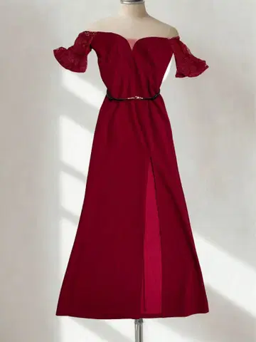 와인 레드 오프숄더 맥시 드레스 L