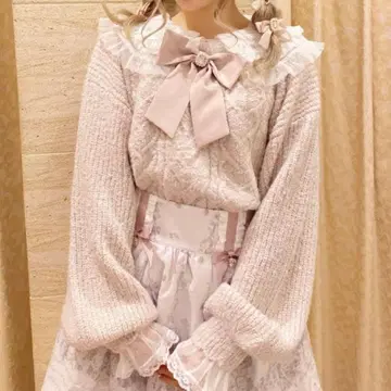 LIZLISA 비쥬 리본 빅 카라 니트 핑크