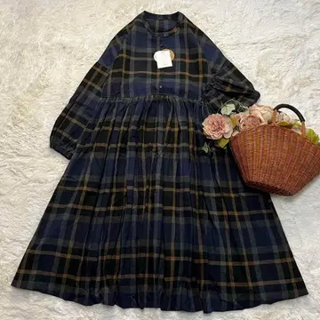 새상품 개더 원피스 넬 네이비 베이지 체크 M~L