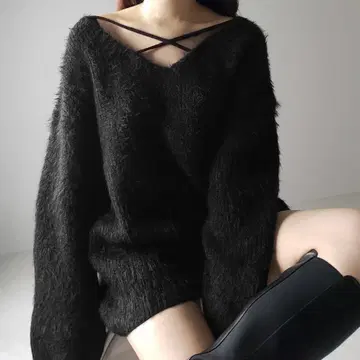 [ 5color ] 크로스 스트랩 컷 아웃 루즈 샤기 니트