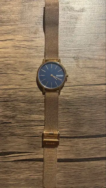 [ SKAGEN ] 핑크 골드 다이얼 네이비 골드 컬러 메쉬 손목시계