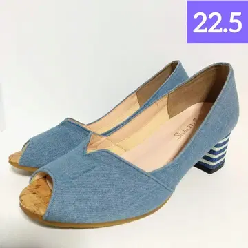 데님풍 캐주얼 펌프스 와이드 힐 보더 여성용