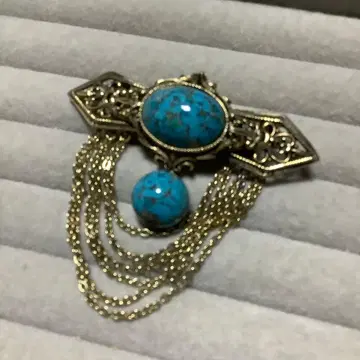 빈티지 블루 유리 체인 포함 브로치